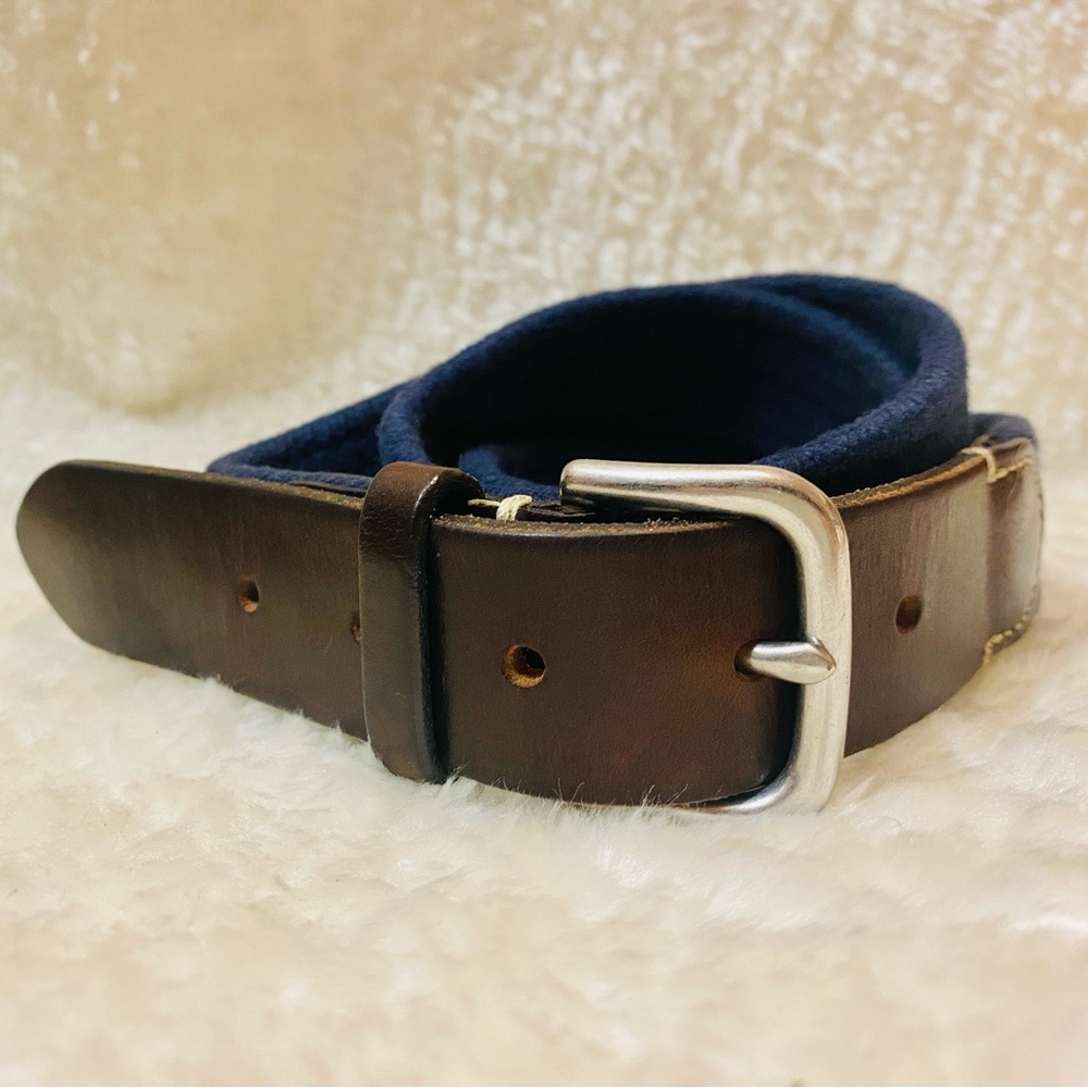 J. Crew Woven Elastic Belt in Navy with Brown 100% Leather Tabs - Picture 2 of 5
